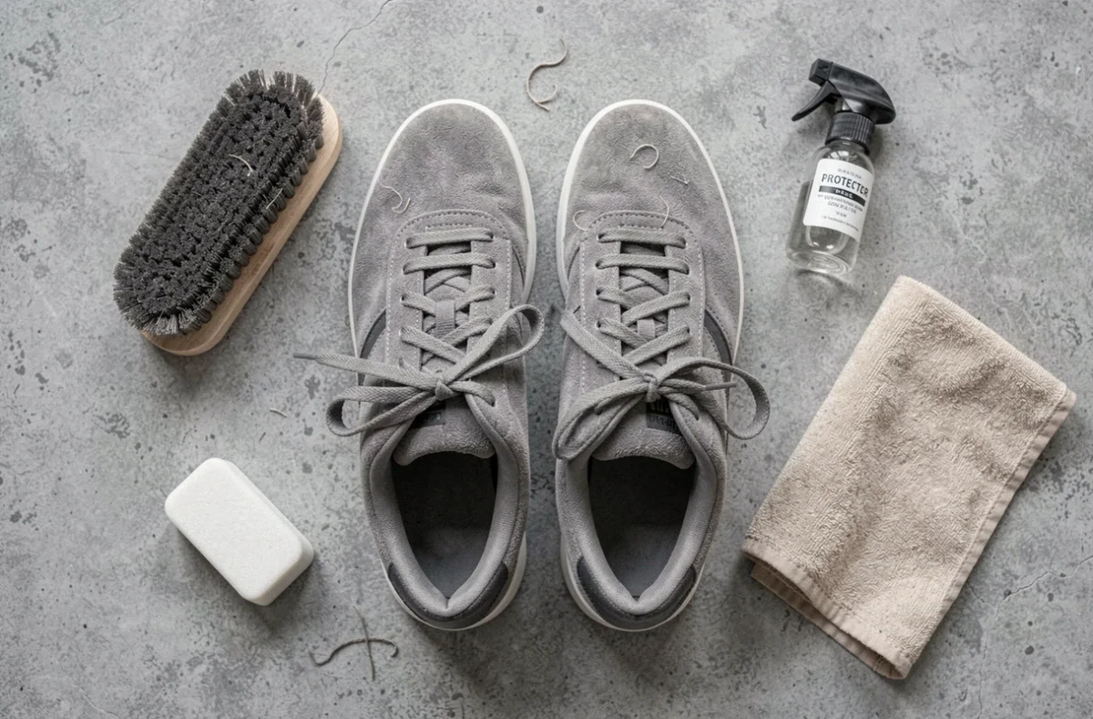 Vue de dessus des accessoires nécessaires pour nettoyer des baskets en daim gris à domicile, disposés sur une surface en béton