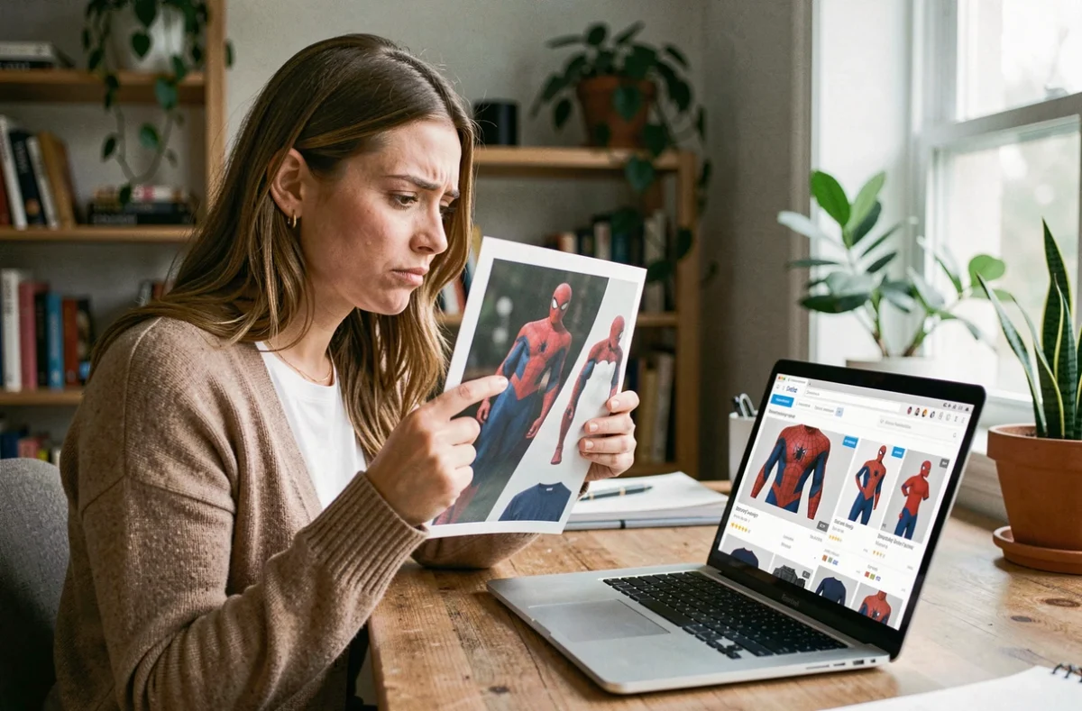 Femme scrutant des annonces de t-shirts Spider-Man sur un site de vente en ligne pour détecter les potentielles contrefaçons