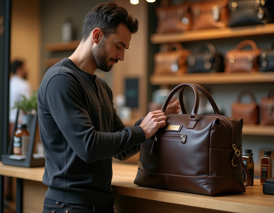 Homme lisant l'étiquette d'entretien d'un sac sport en cuir avant de finaliser son achat en boutique