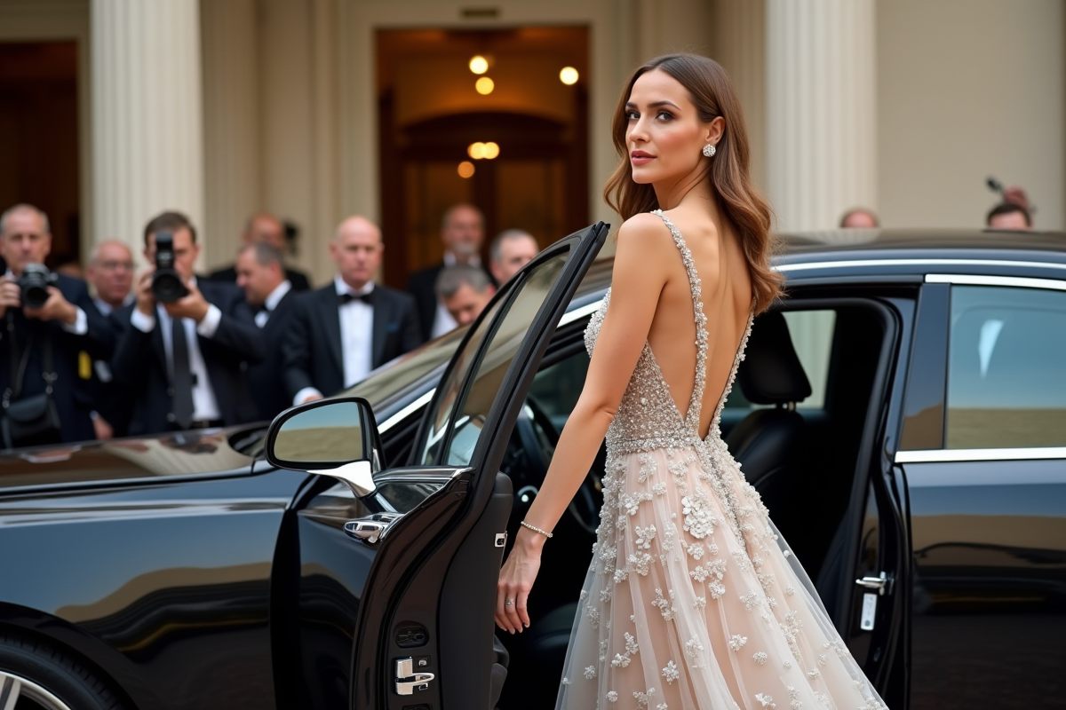 Actrice élégante sortant d'une voiture de luxe lors d'un événement glamour