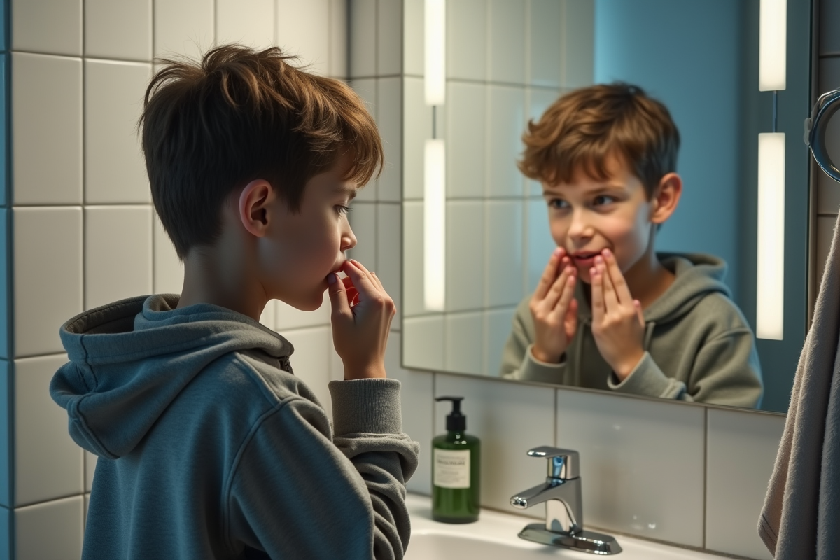 Adolescent regardant ses lèvres dans le miroir de la salle de bain