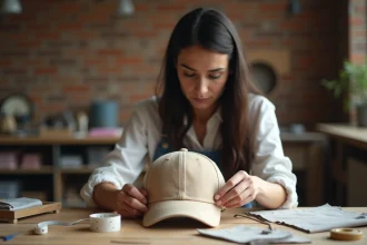 Femme ajustant la jugulaire intérieure d'une casquette beige sur un établi artisanal avec des outils de couture