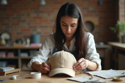 Femme ajustant la jugulaire intérieure d'une casquette beige sur un établi artisanal avec des outils de couture
