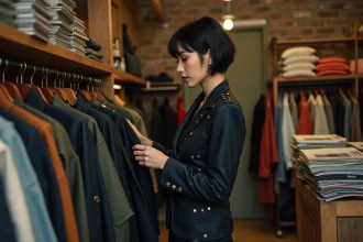 Femme parcourant des vêtements de créateur dans une boutique vintage comme alternative aux collections Vivienne Westwood épuisées