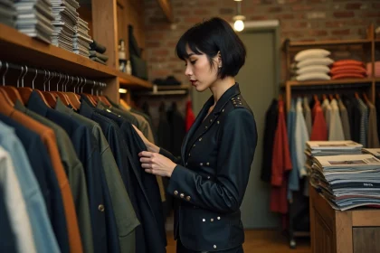 Femme parcourant des vêtements de créateur dans une boutique vintage comme alternative aux collections Vivienne Westwood épuisées