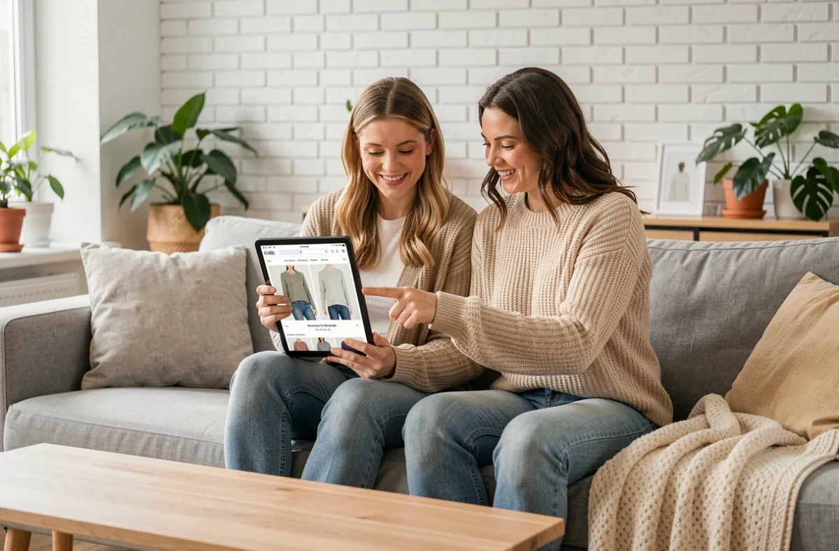 Deux amies consultant l'application Kiabi ensemble sur une tablette dans un salon moderne