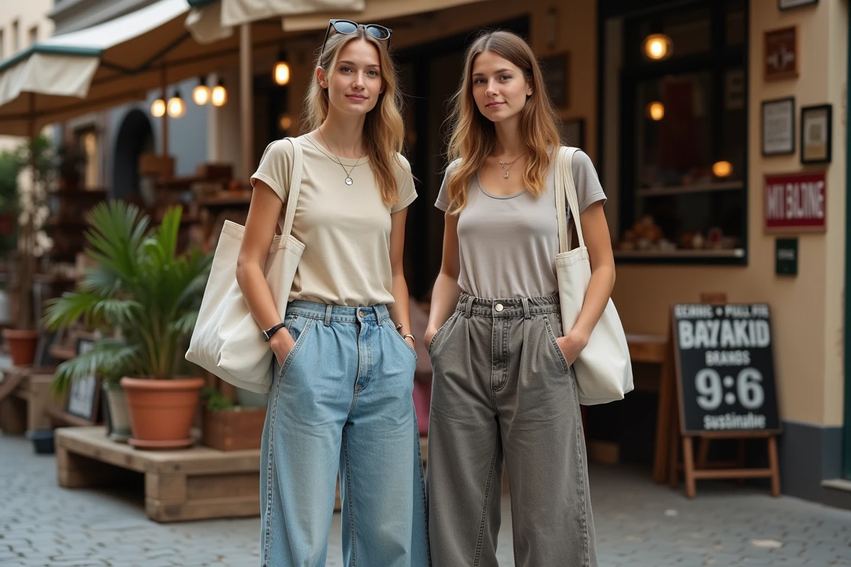 Deux amis en baggy jeans écoresponsables devant un marché de mode durable en plein air sur des pavés urbains