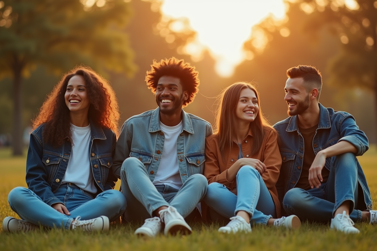 Groupe d amis en denim 90s dans un parc en fin d après midi