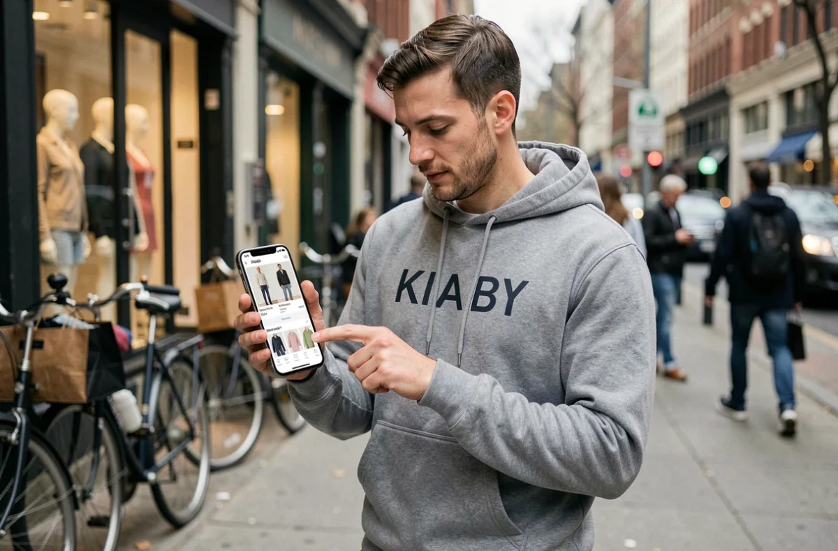 Homme utilisant l'application mobile Kiabi pour faire du shopping en ville