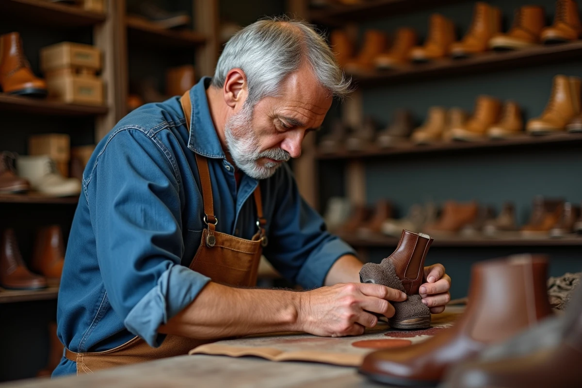 Artisan français fabriquant une chaussure en cuir dans son atelier