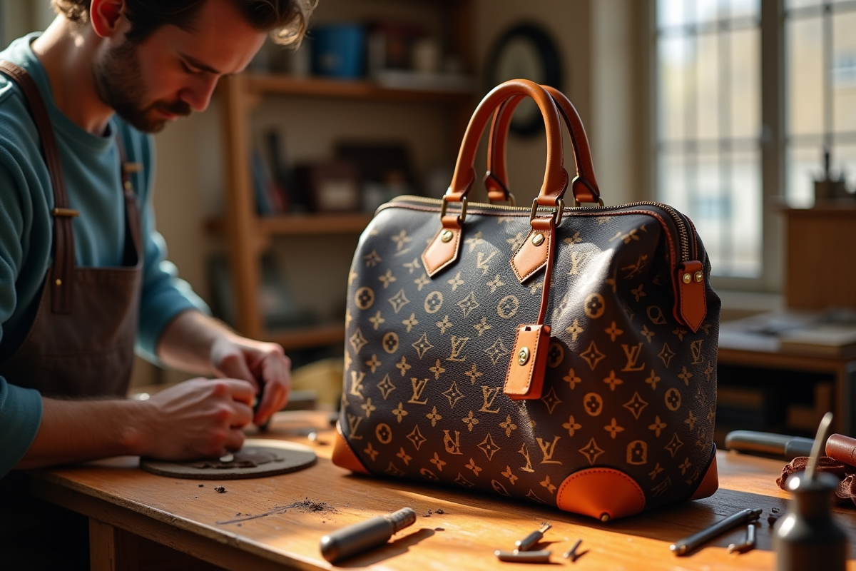 Artisans créant un sac Louis Vuitton dans un atelier lumineux