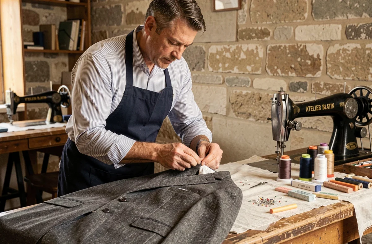 Un tailleur de l'Atelier Blatin à Tours coud à la main le revers d'un veston de costume classique