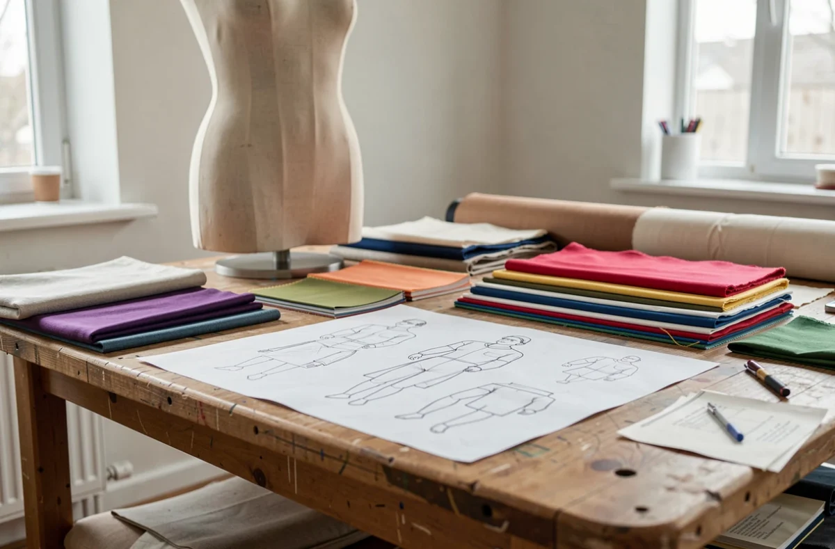 Atelier de création avec croquis, échantillons de tissus et mannequin de couture