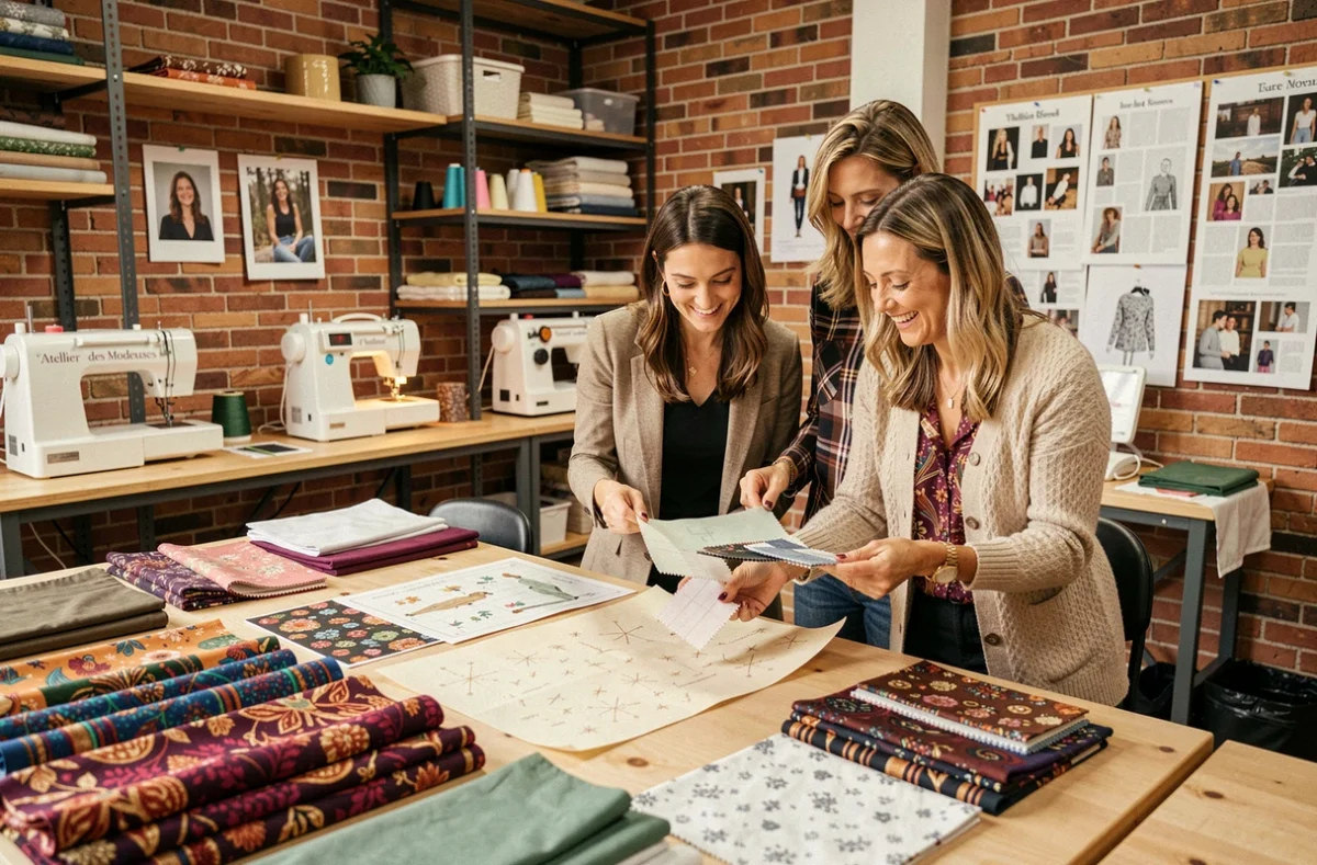 Trois femmes examinent des échantillons de tissus ensemble dans l'atelier convivial de L'Atelier des Modeuses en Indre-et-Loire