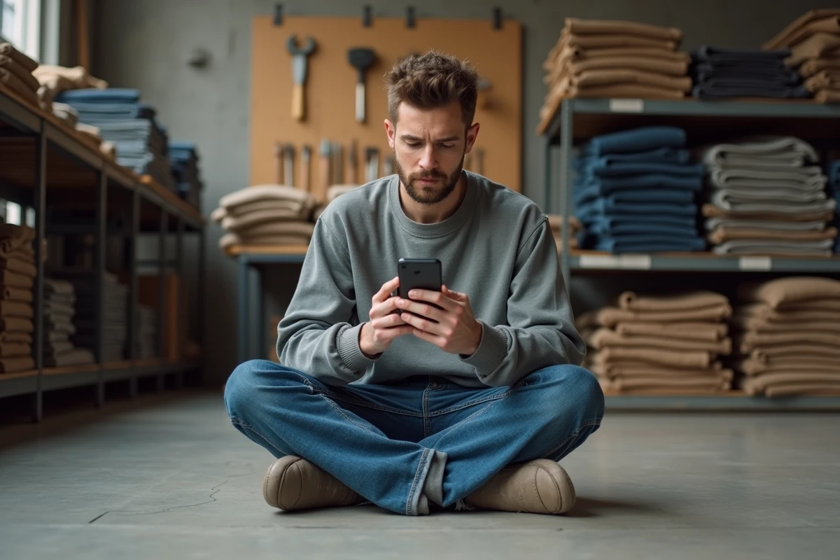 Homme consultant un rapport de transparence de marque dans un atelier de fabrication de jeans baggy recyclés