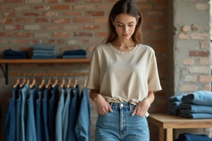 Jeune femme inspectant l'étiquette écoresponsable d'un baggy jean en coton biologique dans une boutique de mode durable