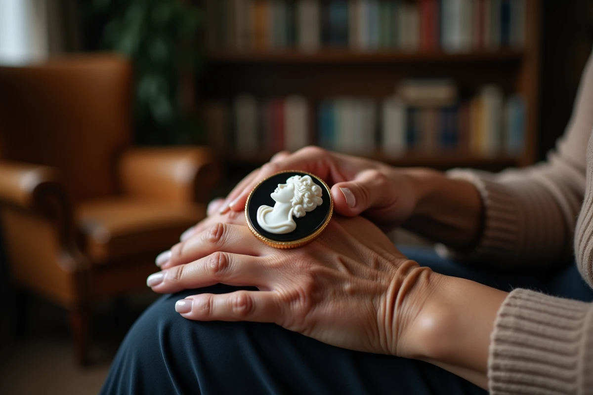 Mains d'une femme âgée portant une bague camée en or avec silhouette sculptée sur fond onyx noir, symbole de transmission et de déclaration d'amour