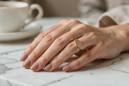 Bague chevalière minimaliste en or portée sur l'index d'une femme, posée sur du marbre blanc dans un intérieur élégant