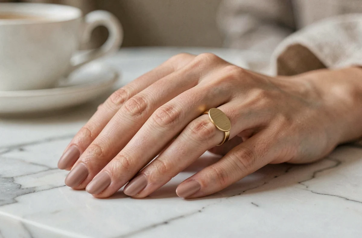 Bague chevalière minimaliste en or portée sur l'index d'une femme, posée sur du marbre blanc dans un intérieur élégant