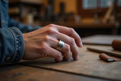Bague homme en argent avec gravure de date en chiffres romains posée sur une table d'atelier en bois
