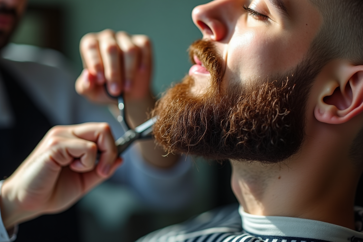 Barbier taillant la barbe du client avec des ciseaux dans un salon moderne