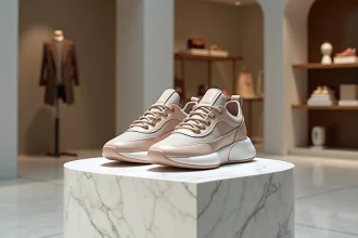 Paire de baskets de luxe ultra-premium exposée sur un piédestal en marbre blanc dans une boutique haut de gamme, détails en cuir exotique et œillets dorés visibles