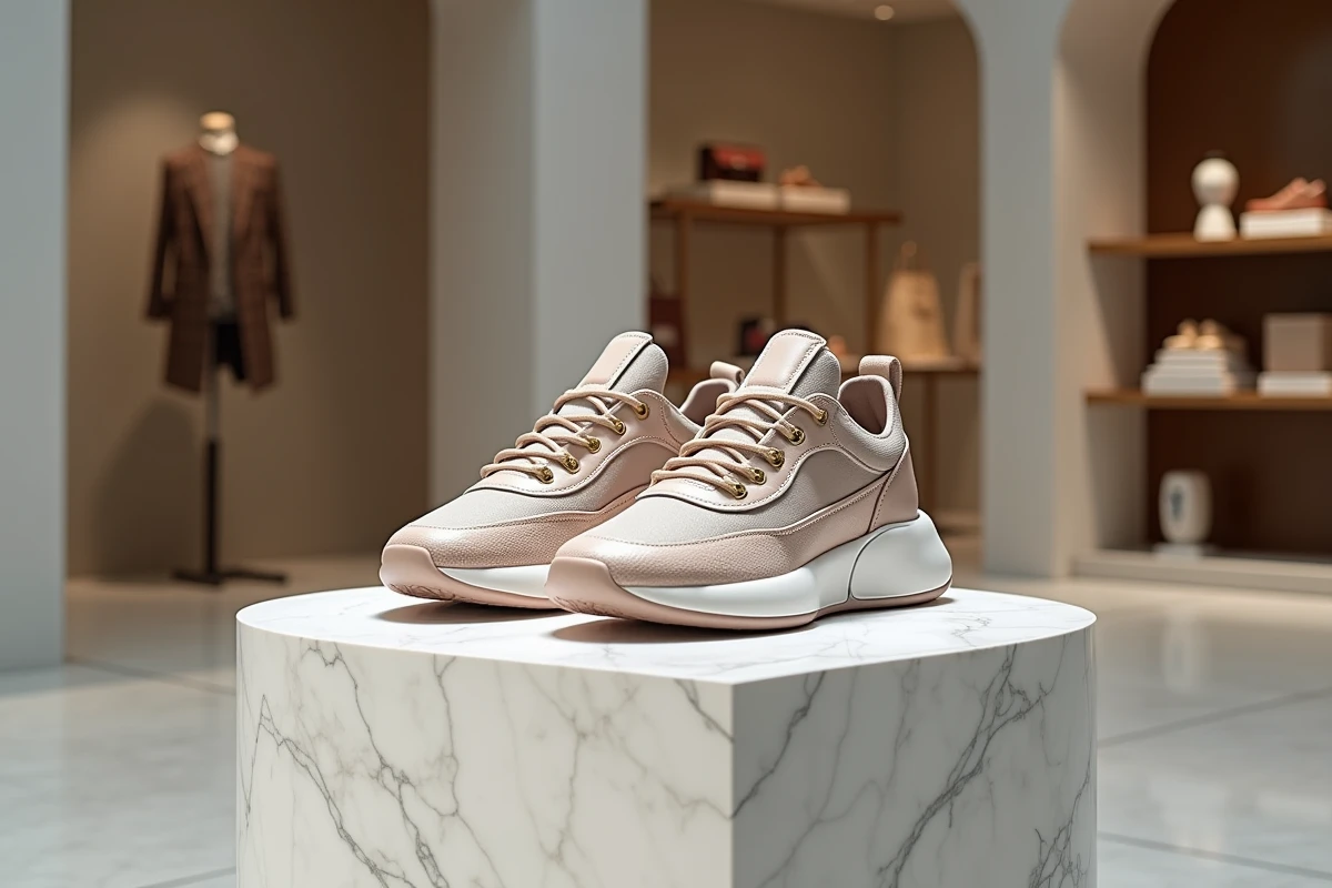 Paire de baskets de luxe ultra-premium exposée sur un piédestal en marbre blanc dans une boutique haut de gamme, détails en cuir exotique et œillets dorés visibles