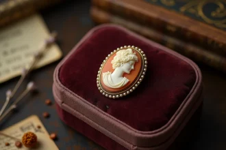 Broche camée ancienne en coquille sculptée posée sur un écrin en velours bordeaux, entourée de lettres jaunies et de fleurs séchées, symbolisant le deuil victorien