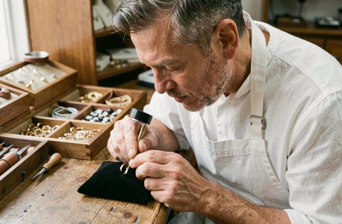 Bijoutier utilisant une loupe pour examiner un poinçon sur une bague plaquée or dans son atelier