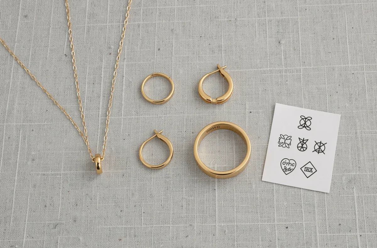 Assortiment de bijoux plaqués or disposés à plat avec une carte de référence des poinçons officiels