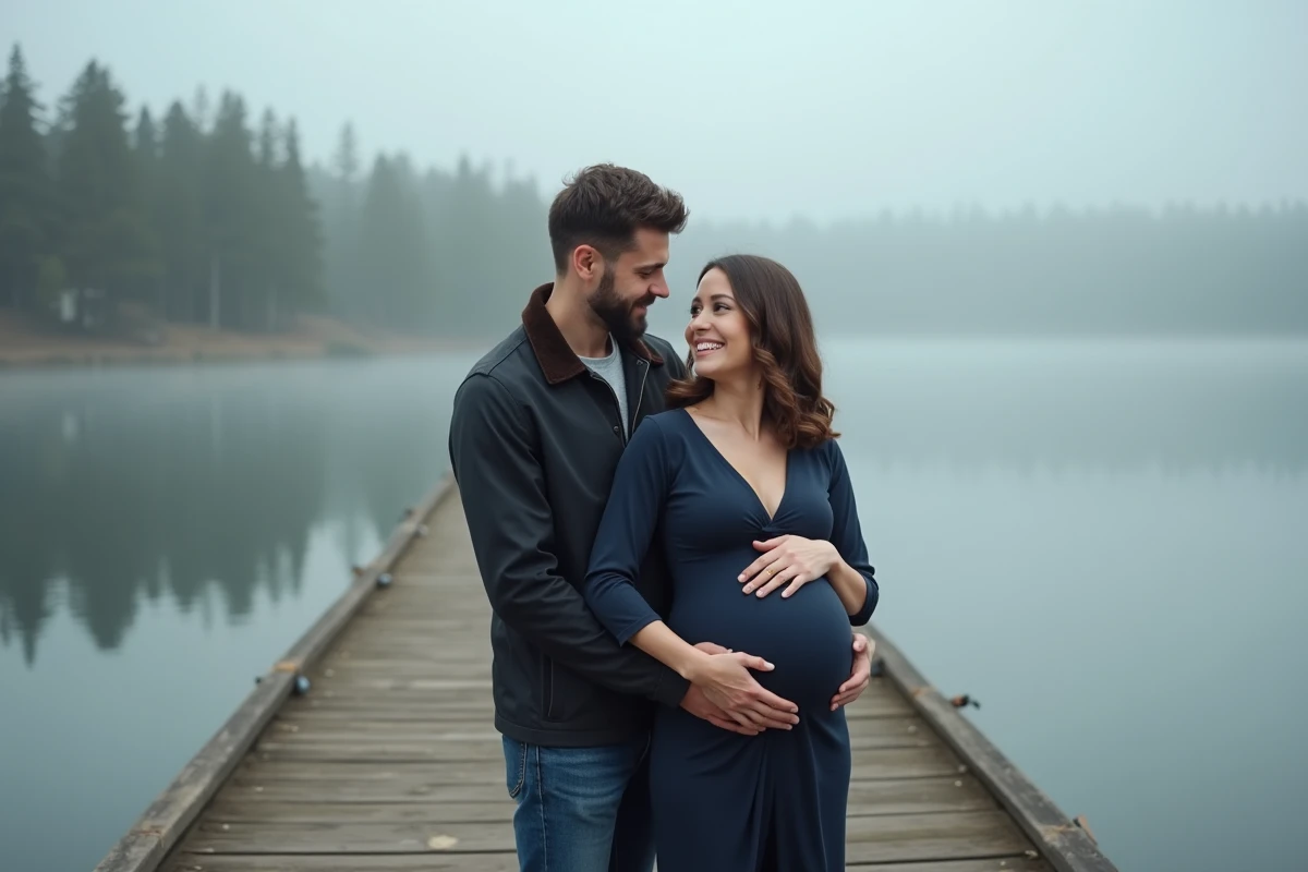 Couple attendant un bébé sur un ponton en bois avec un bola de grossesse doré au bord d'un lac brumeux