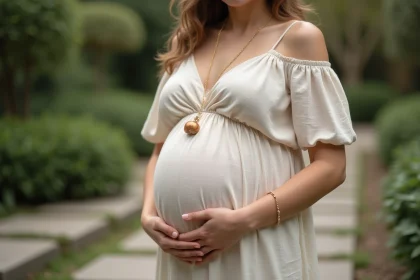Femme enceinte portant un bola de grossesse en argile artisanale sur une longue chaîne dorée dans un jardin verdoyant