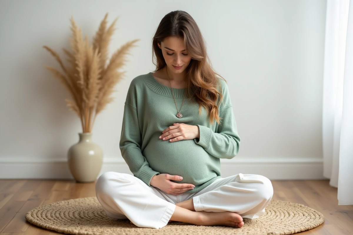 Femme enceinte assise tenant un bola de grossesse en argent dans un intérieur scandinave minimaliste