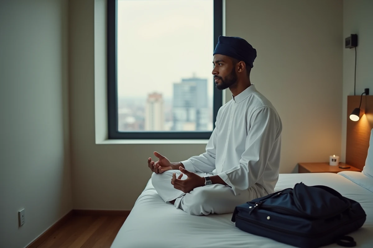 Homme portant un bonnet musulman de voyage pliable dans une chambre d'hôtel minimaliste, chapeau compact rangé dans une pochette de voyage