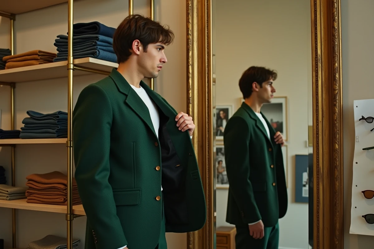 Homme essayant un blazer vintage années 80 devant un miroir doré dans une boutique friperie de Paris