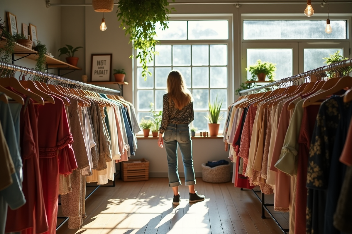 Intérieur d'une boutique de vêtements écologiques avec une jeune femme