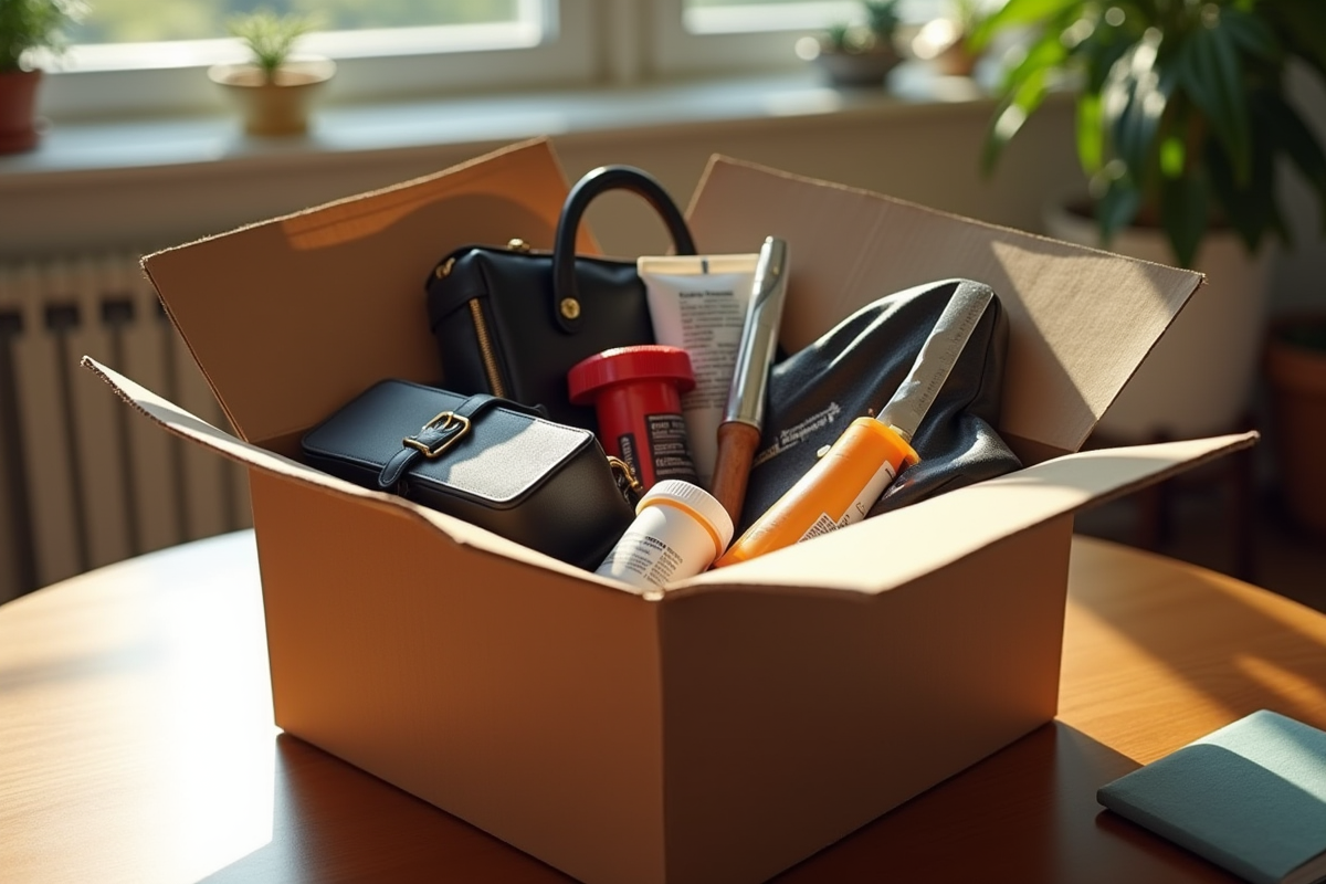 Boîte en carton avec des objets interdits sur une table en bois