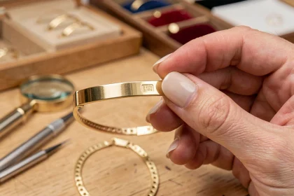 Main de femme tenant un bracelet plaqué or et montrant le poinçon gravé sur la face interne du bijou