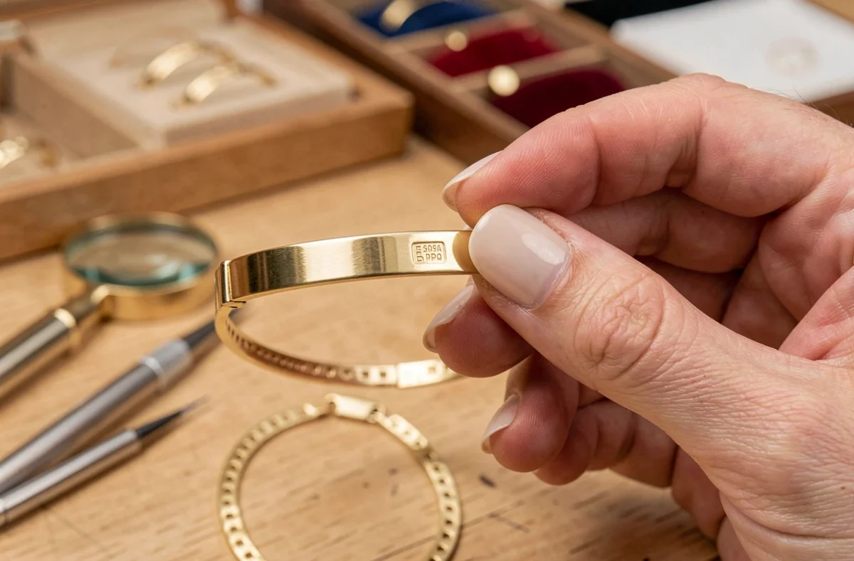 Main de femme tenant un bracelet plaqué or et montrant le poinçon gravé sur la face interne du bijou