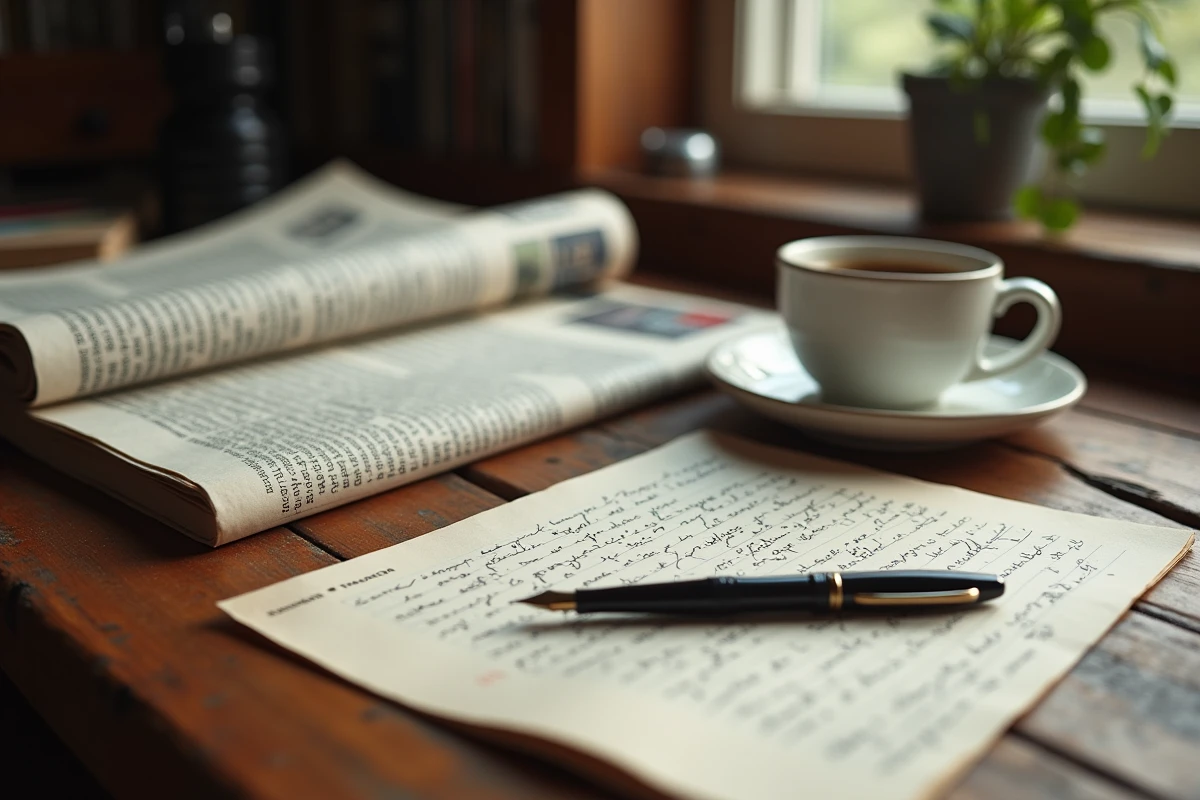 Nature morte de bureau avec journal, livre de théorie des médias, stylo plume et notes manuscrites évoquant le travail éditorial d'un projet journalistique indépendant