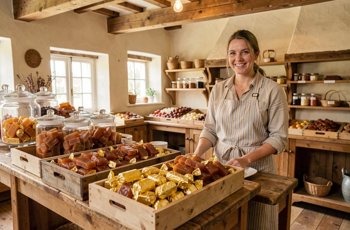 Présentoir de caramels artisanaux dorés dans la boutique d'usine des Caramels d'Isigny avec bocaux et emballages traditionnels