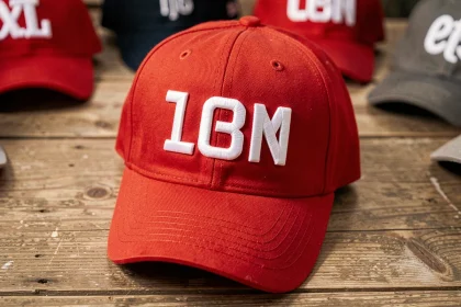 Casquette rouge brodée America Great Again posée sur une table en bois, vue de dessus pour inspecter la qualité des coutures et de la broderie