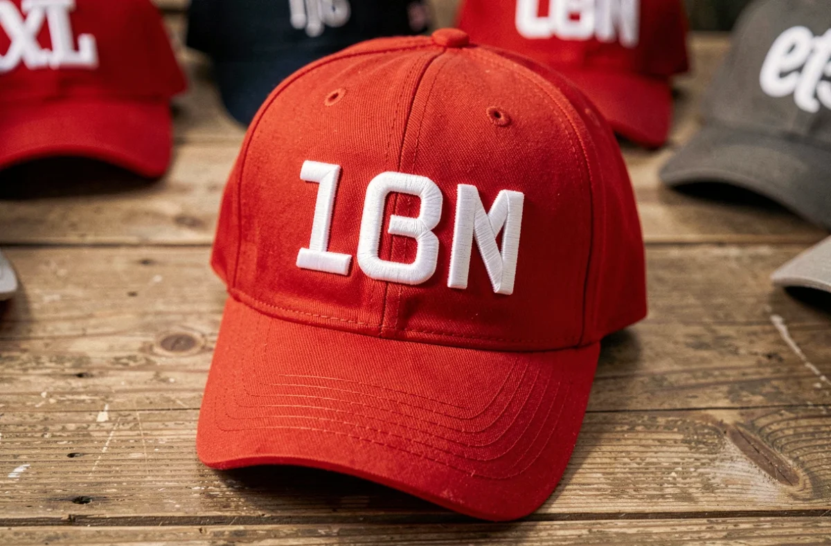 Casquette rouge brodée America Great Again posée sur une table en bois, vue de dessus pour inspecter la qualité des coutures et de la broderie