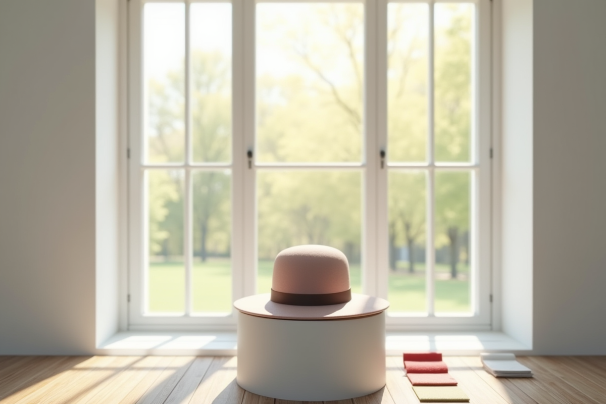 Chapeau élégant sur un piédestal blanc avec échantillons de couleurs