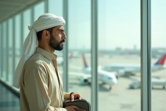 Homme musulman portant un kufi de voyage pliable blanc en coton dans un aéroport, chapeau léger et pratique pour les voyageurs