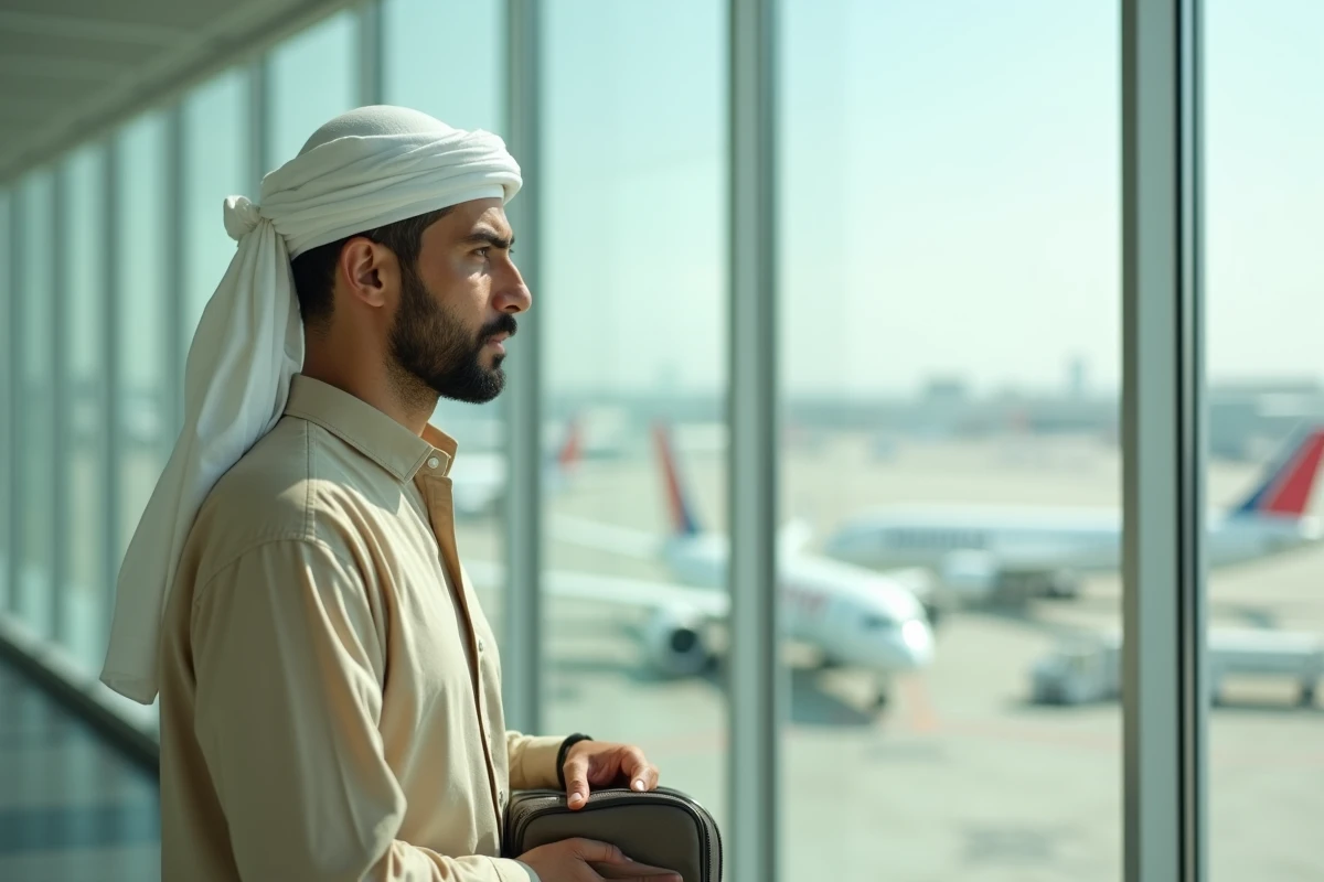 Homme musulman portant un kufi de voyage pliable blanc en coton dans un aéroport, chapeau léger et pratique pour les voyageurs
