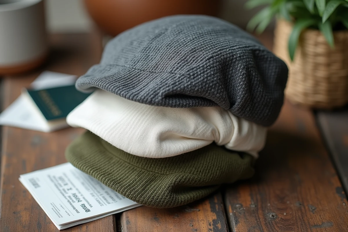 Trois chapeaux musulmans de voyage pliables en différentes couleurs et matières posés sur une surface en bois, avec pochette de rangement compacte