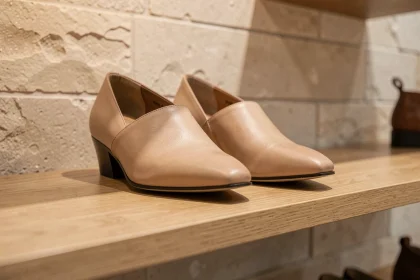 Chaussures en cuir haut de gamme de la marque Arche exposées sur une étagère en bois dans une boutique de déstockage