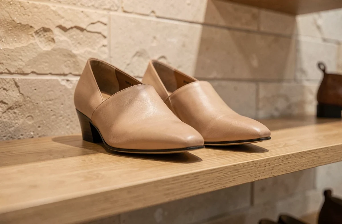 Chaussures en cuir haut de gamme de la marque Arche exposées sur une étagère en bois dans une boutique de déstockage
