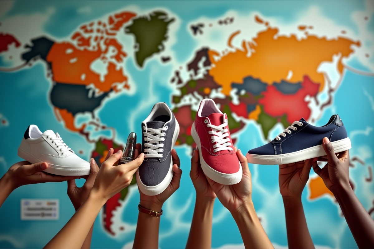 Mains tenant des sneakers devant une carte du monde